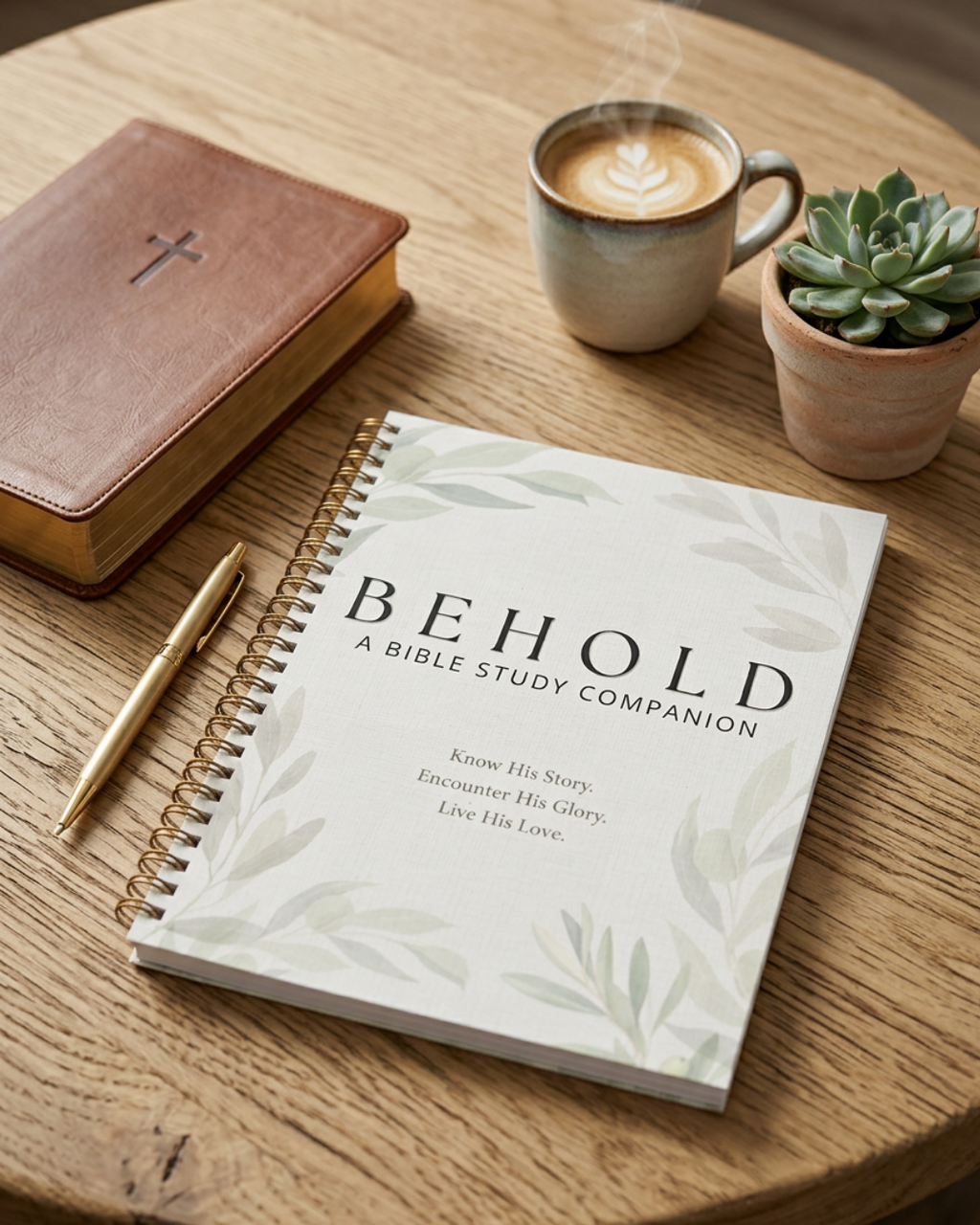 A spiral-bound Bible study companion book titled 'BEHOLD' lies on a round wooden table, surrounded by a leather-bound Bible, a cup of coffee with latte art, and a small potted succulent.