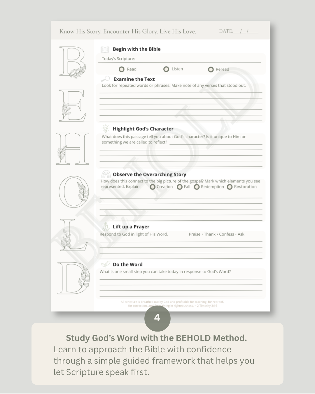 A Bible study worksheet titled 'BEHOLD' with guided questions and prompts, shown on a light gray background with a beige label below that reads 'Study God's Word with the BEHOLD Method.'.