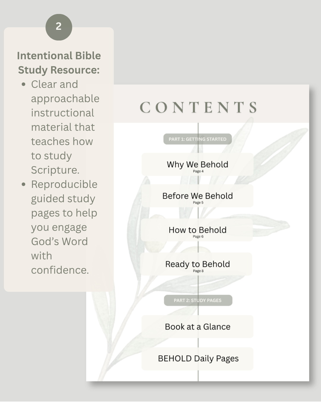 A digital preview of a Bible study resource page layout, showing a 'CONTENTS' page with sections like 'Why We Behold', 'Before We Behold', and 'How to Behold', alongside a sidebar describing the 'Intentional Bible Study Resource'.