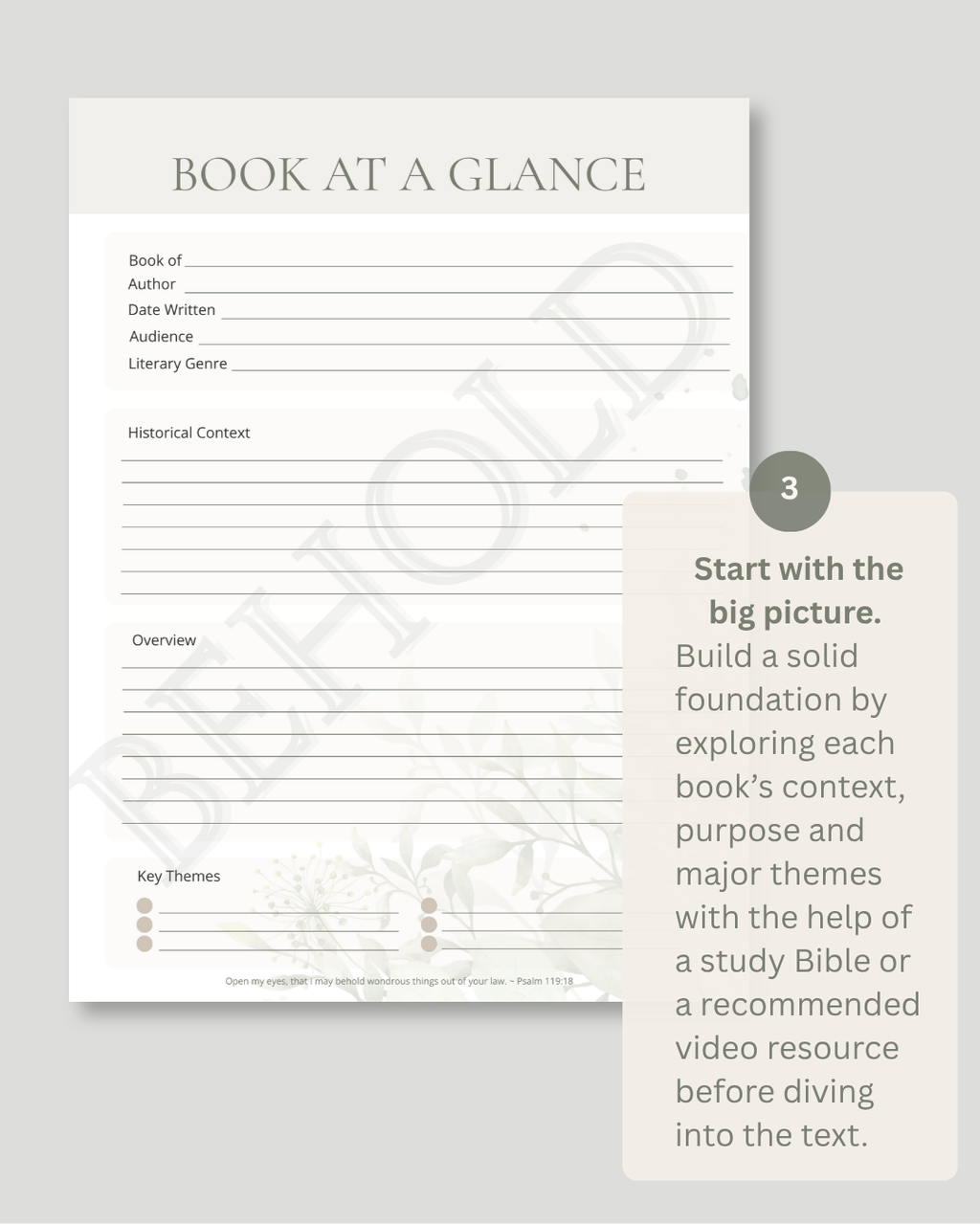 A study guide page titled 'BOOK AT A GLANCE' with lined writing sections and a beige callout box containing text instructions, shown on a light gray background.