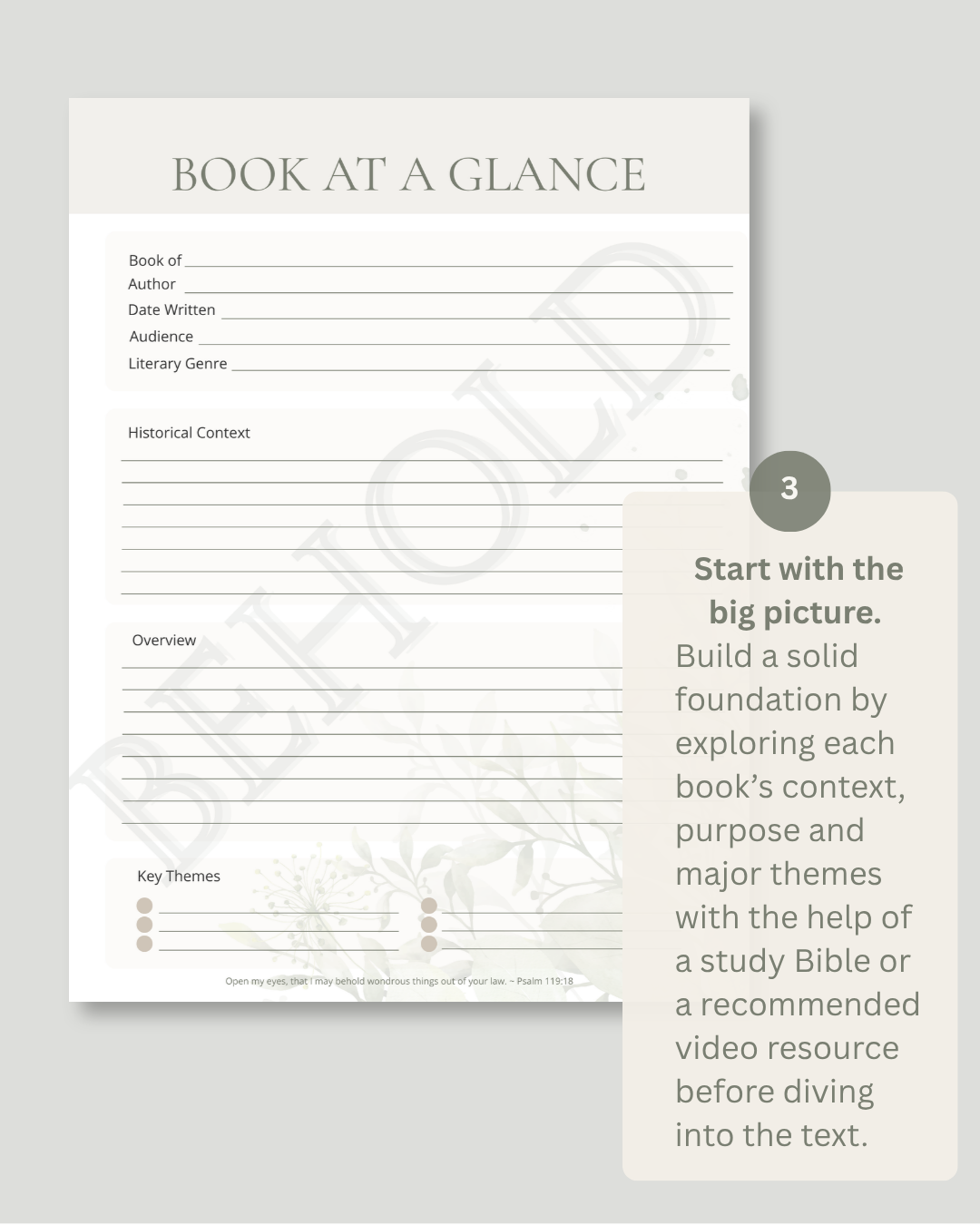A study guide page titled 'BOOK AT A GLANCE' with lined writing sections and a beige callout box containing text instructions, shown on a light gray background.