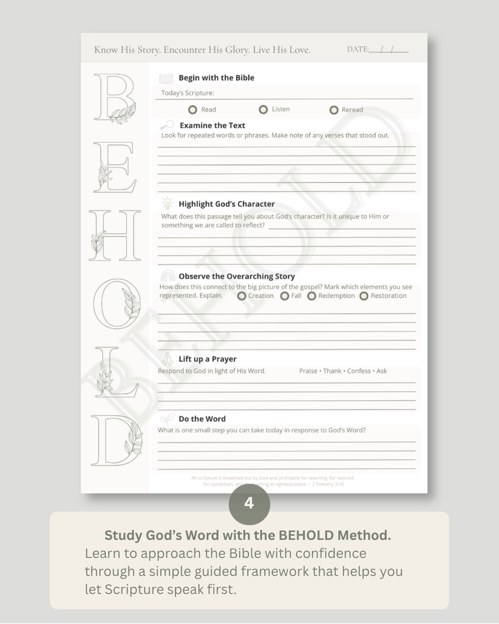 A Bible study worksheet titled 'BEHOLD' with guided questions and prompts, shown on a light gray background with a beige label below that reads 'Study God's Word with the BEHOLD Method.'.