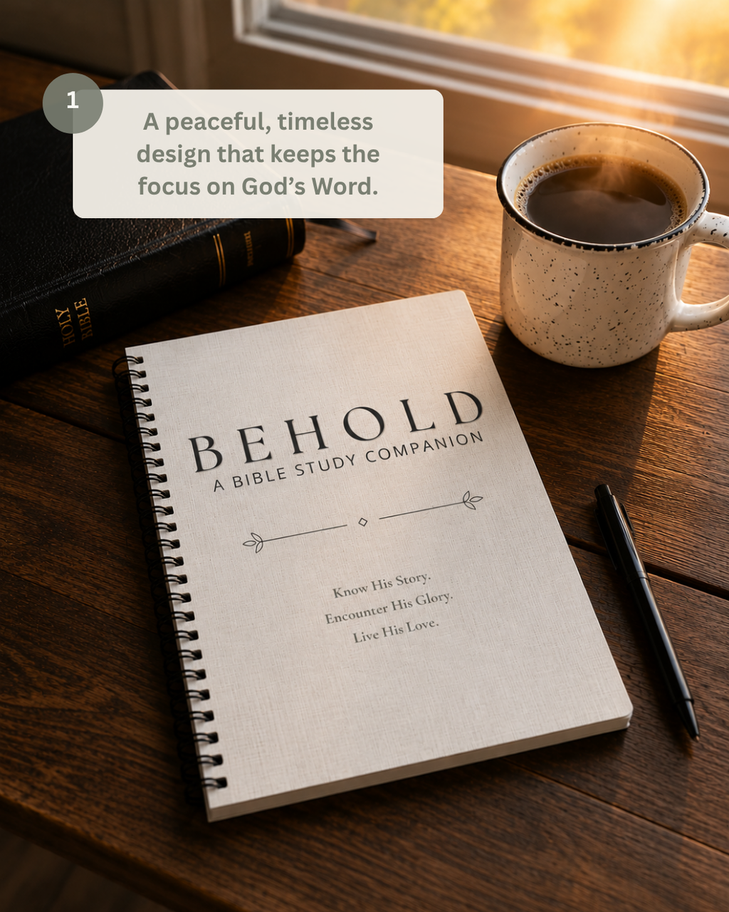 A Bible study companion notebook titled 'BEHOLD' on a wooden table next to a mug of coffee, with a text overlay describing its peaceful design.