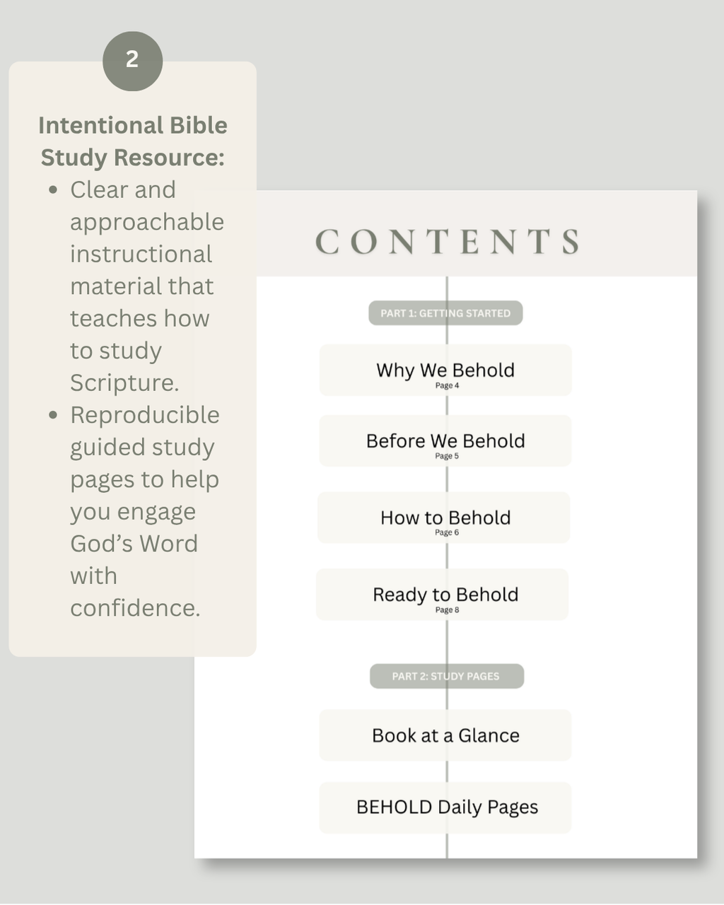 A digital preview of a study resource page titled 'Contents' with a left-side panel describing an 'Intentional Bible Study Resource,' shown on a light gray background.