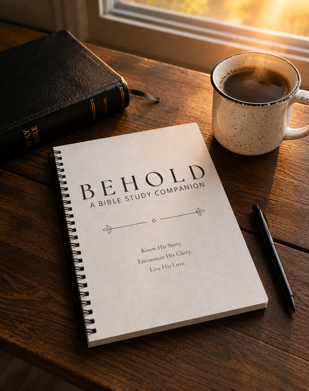 A spiral-bound Bible study companion notebook titled 'BEHOLD' lies on a wooden table beside a mug of coffee, a black Bible, and a pen, with warm sunlight streaming in from a window.