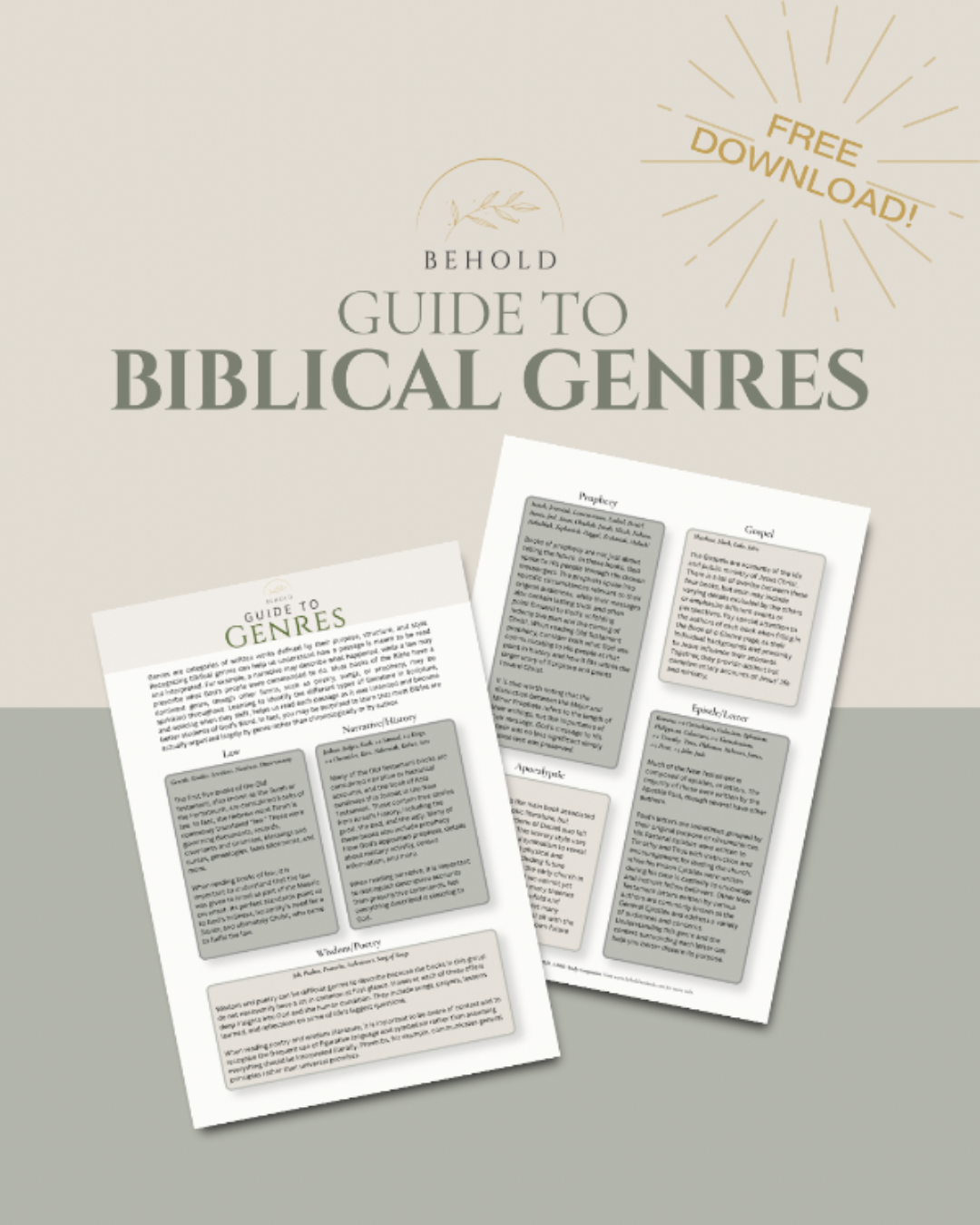 Promotional graphic for a digital download titled 'Behold Guide to Biblical Genres,' showing two printed guide pages with text panels on a beige and gray background and a 'Free Download' badge.