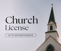 Promotional graphic for a church license featuring large black serif text reading 'Church License' and 'UP TO 100 PARTICIPANTS' on a pale sky background, with the corner of a church steeple and roofline on the right.